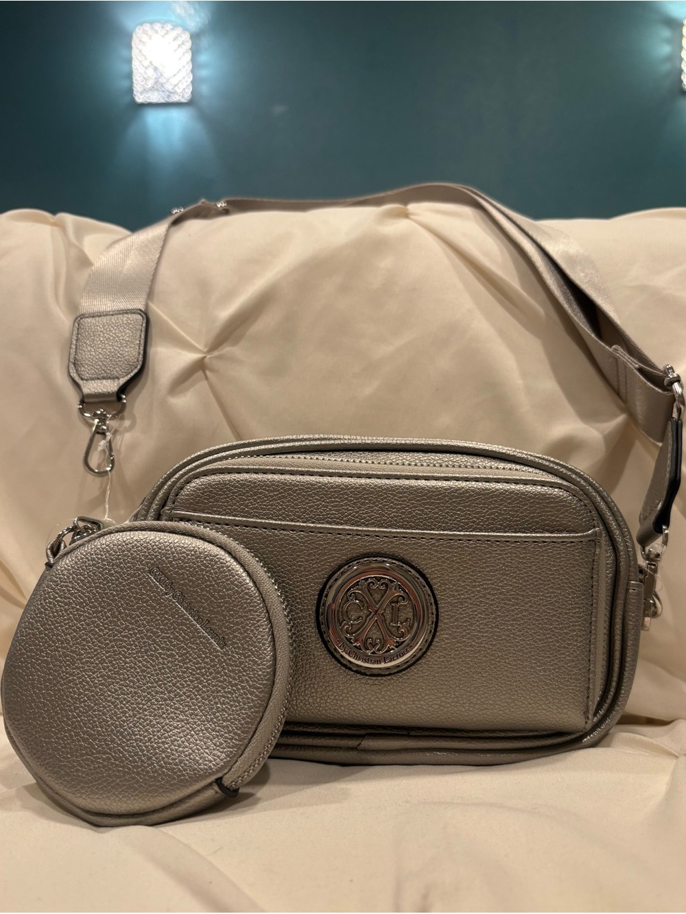 Christian Lacroix Metallic Silver Crossbody Camera Bag with Coin Pouch NWT
